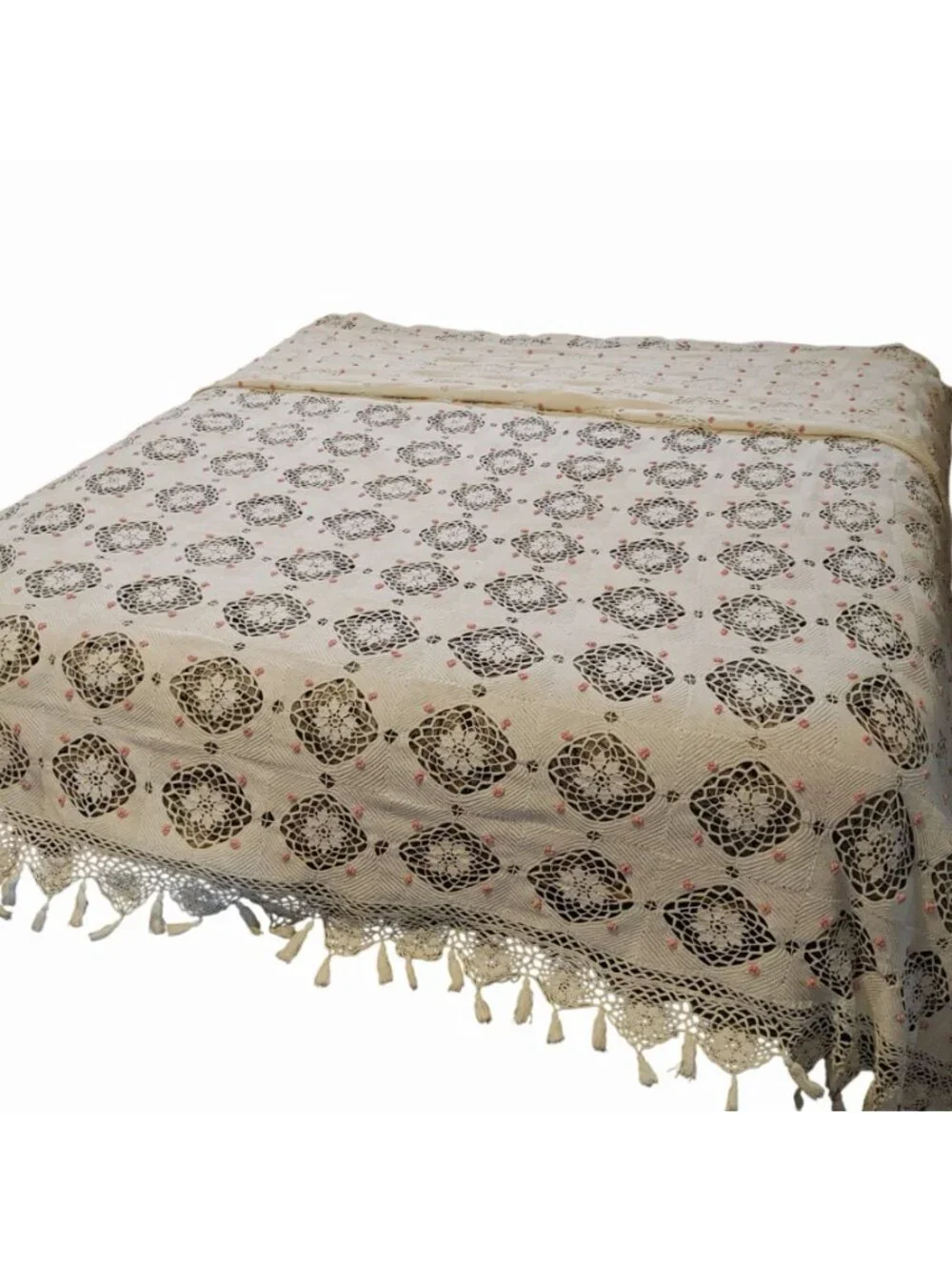 White Crochet King Bedspread Vintage Handmade Lattice Tassel Lace Floral Flower